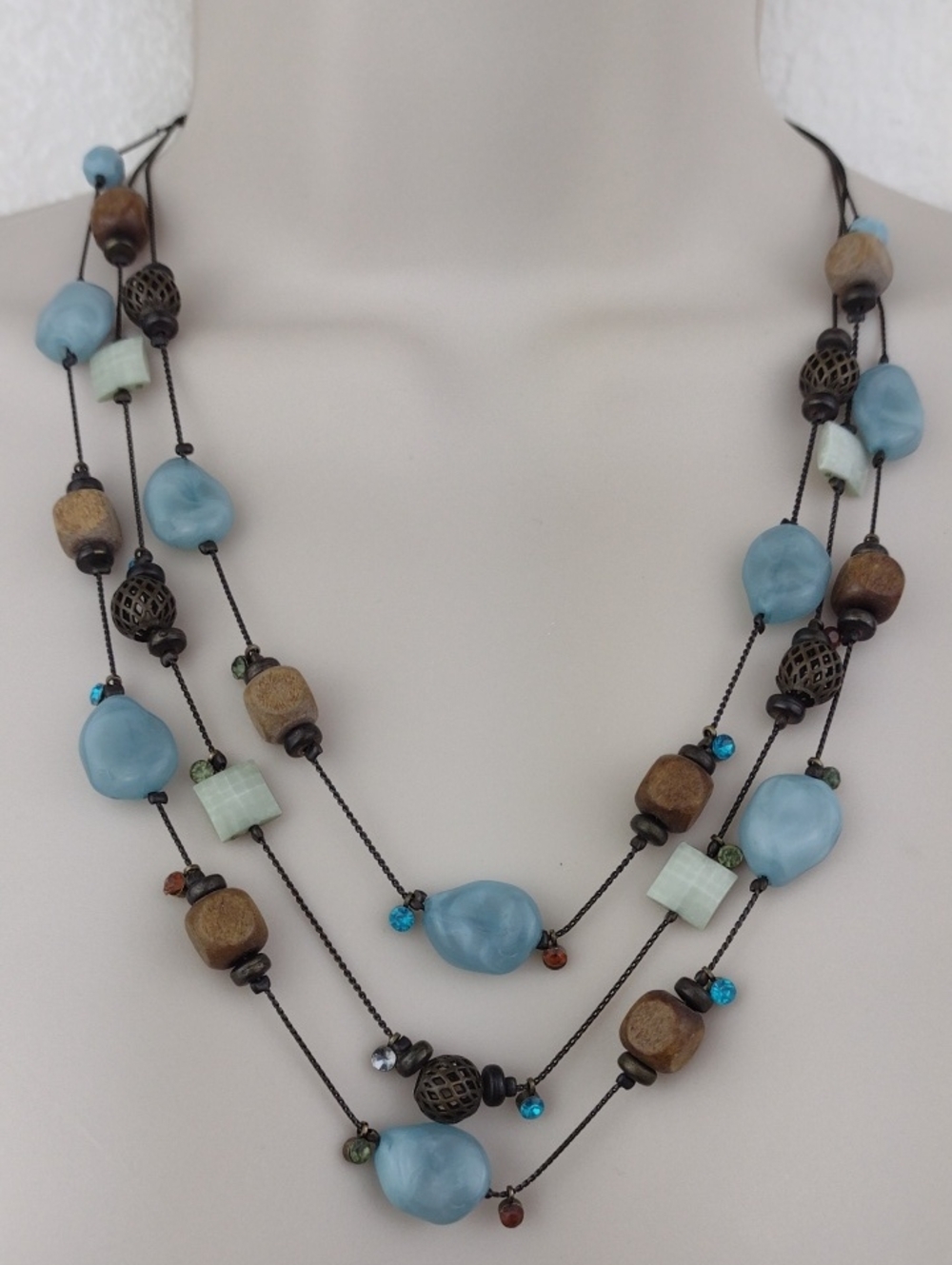 Multi-Micro-Chain Blue Stone Vibrant Crystal & Brown Bronze & Tile Bead Necklace